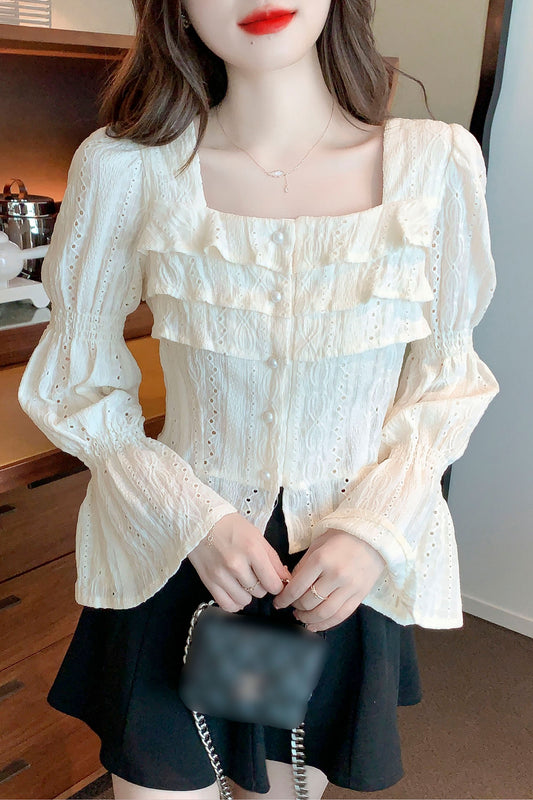 Square Neck Long Sleeve Button up Solid Blouse