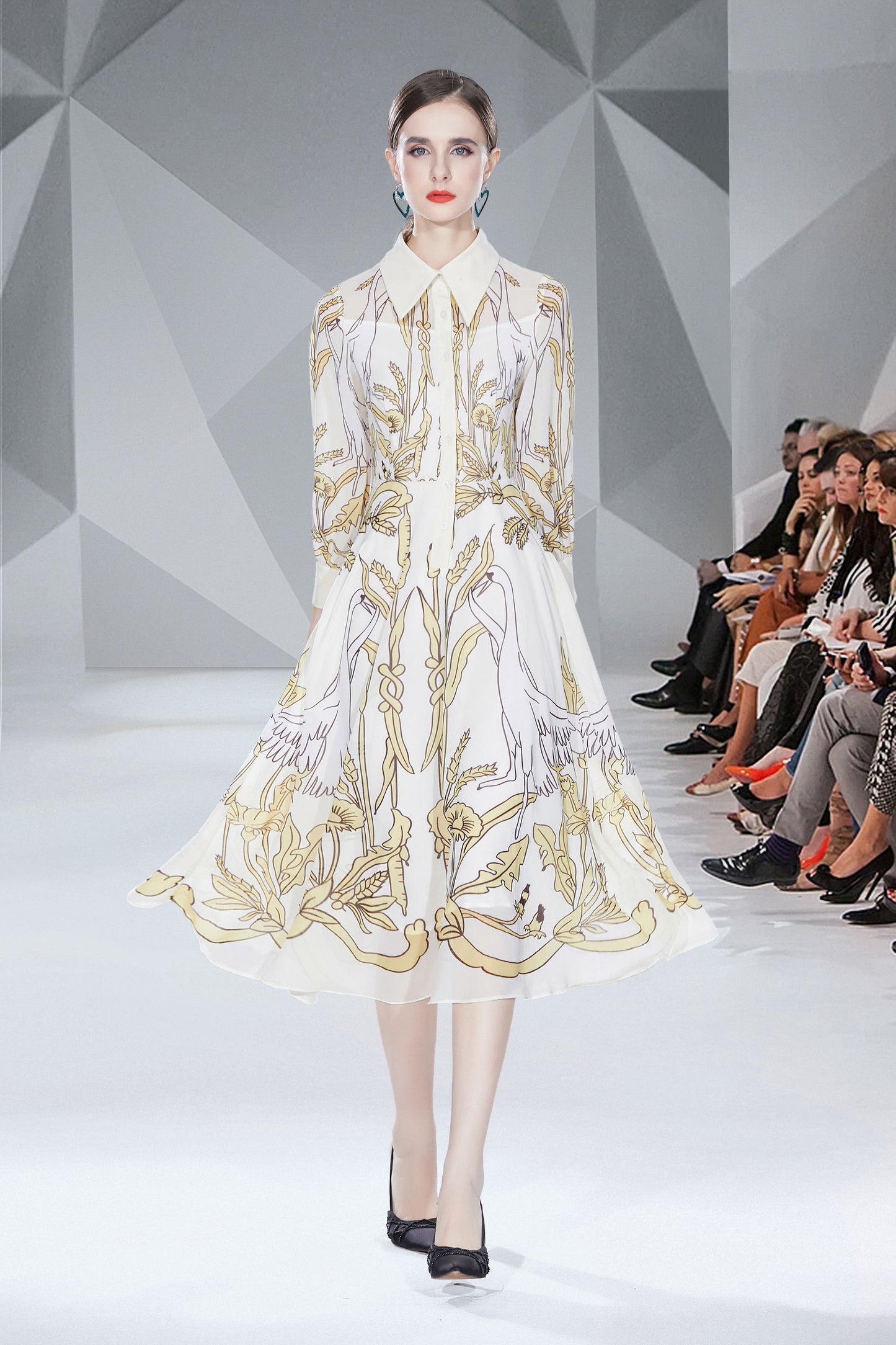 White Collared neckline Floral Print Midi Dress