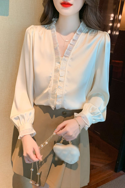 V-Neck Long Sleeve Lace Solid Blouse
