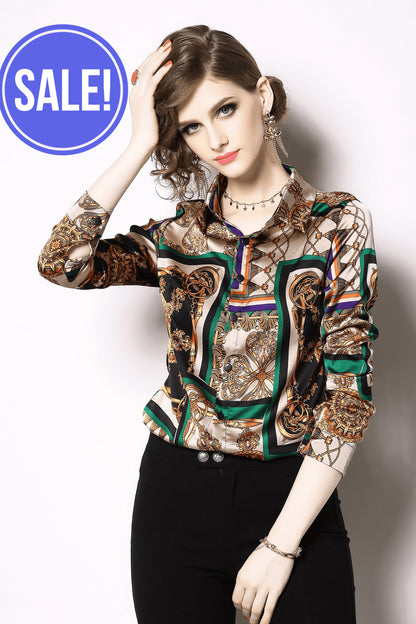 Women's Elegant Baroque Print Button Up Casual Shirt - LAI MENG FIVE CATS