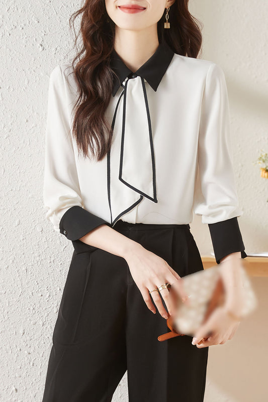 Tie Neck Long Sleeve Button up Solid Blouse