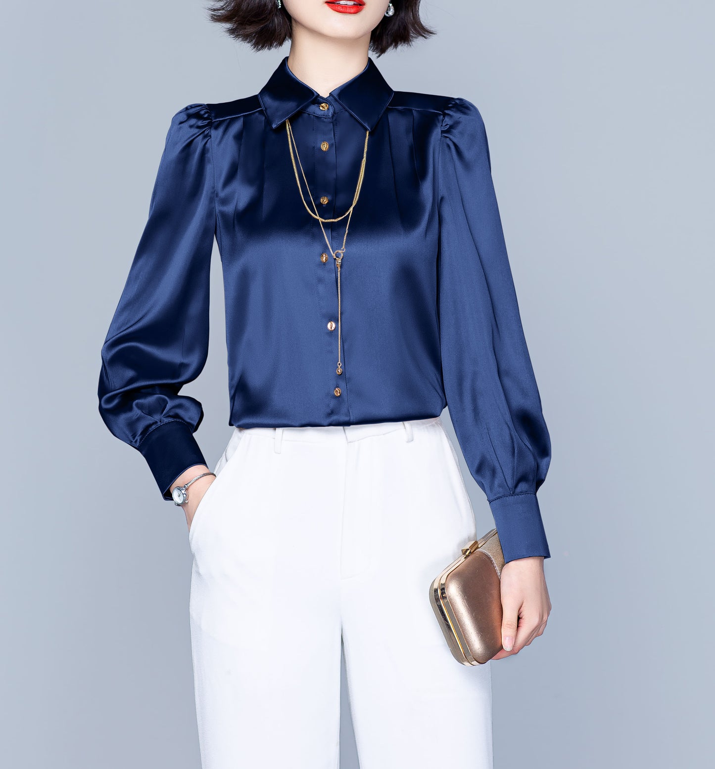 Satin Long Sleeve Lady Casual Silk Office Work Solid Blouse