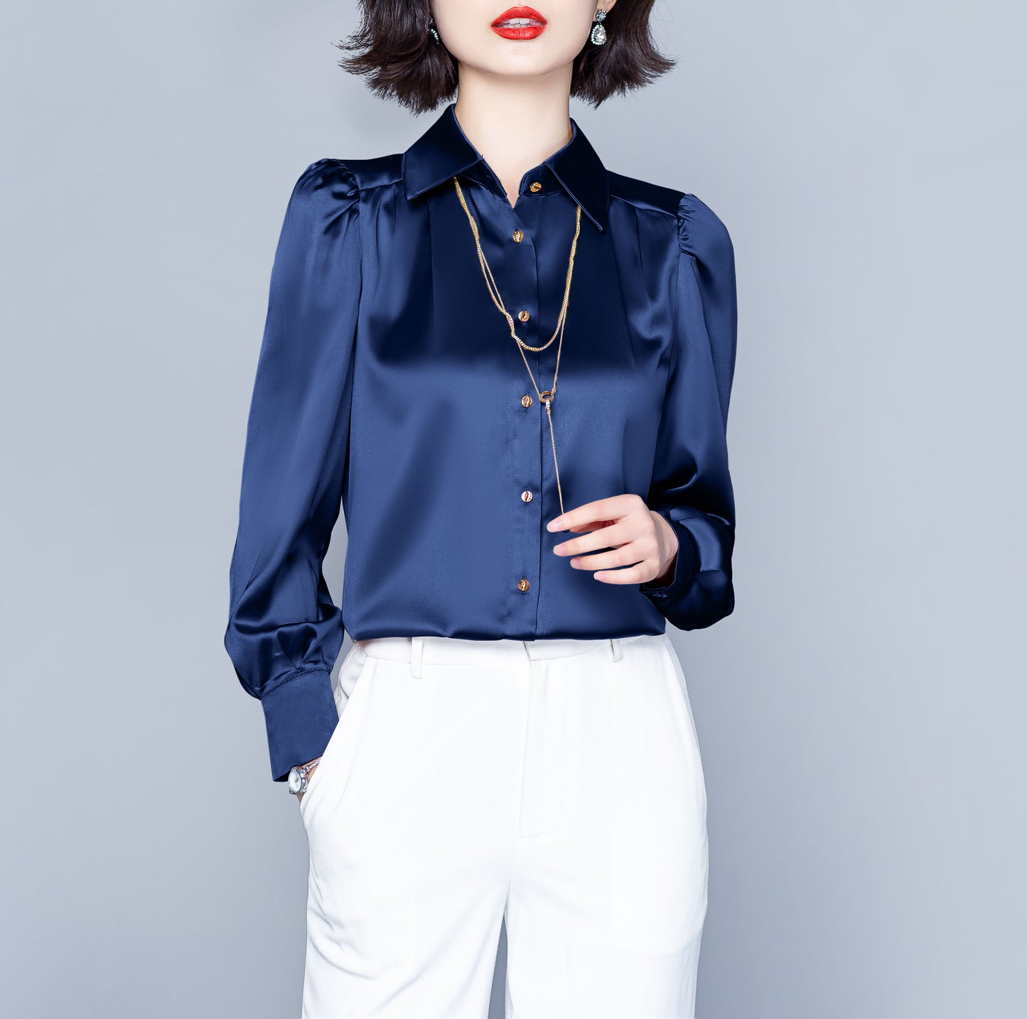 Satin Long Sleeve Lady Casual Silk Office Work Solid Blouse