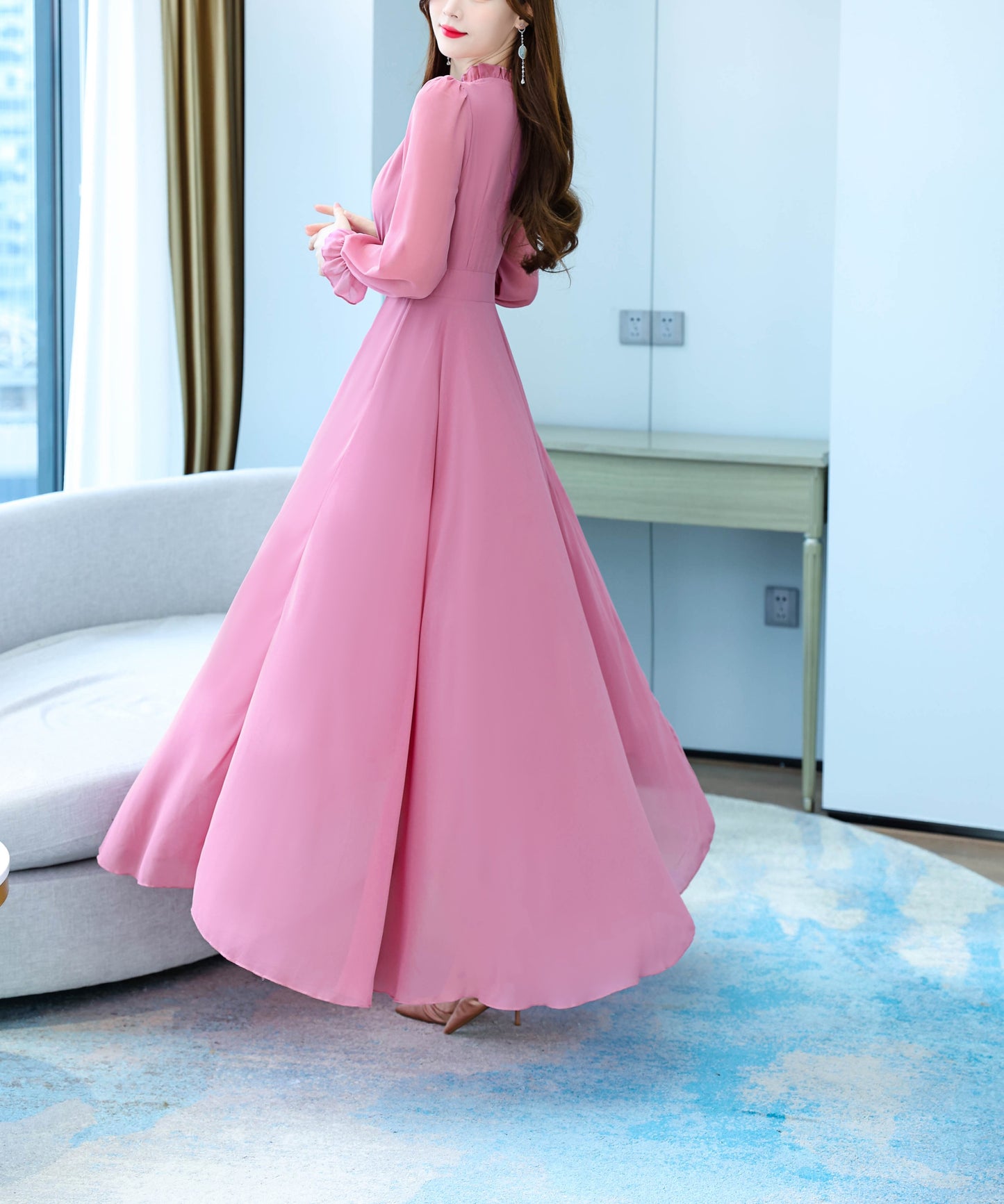 Tie V-neck Solid Color Flared Sleeves Maxi Dress