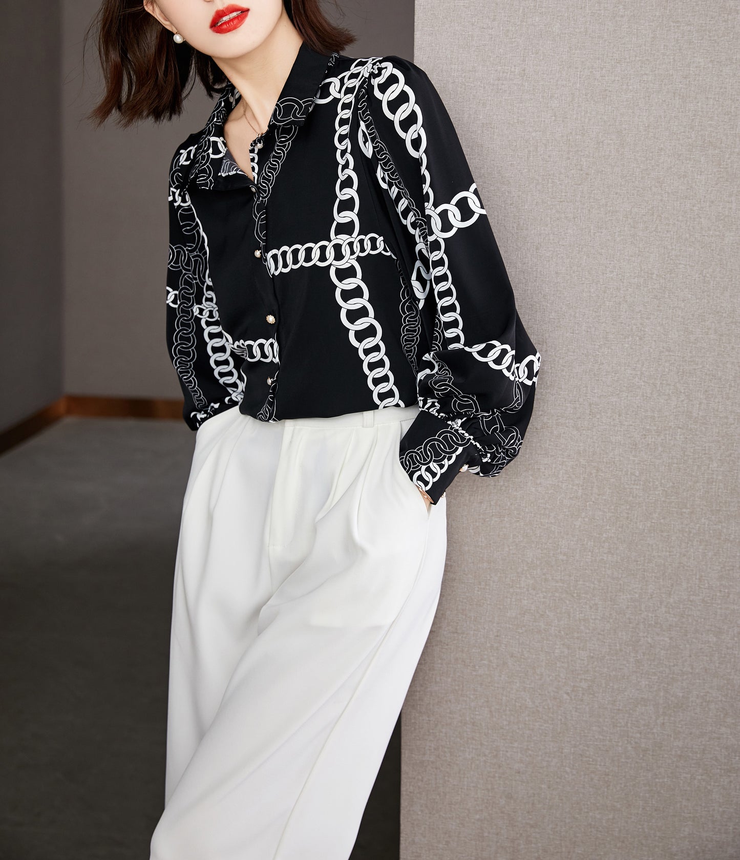 Black and White Long Sleeved Buttoned Chain Print Shirt