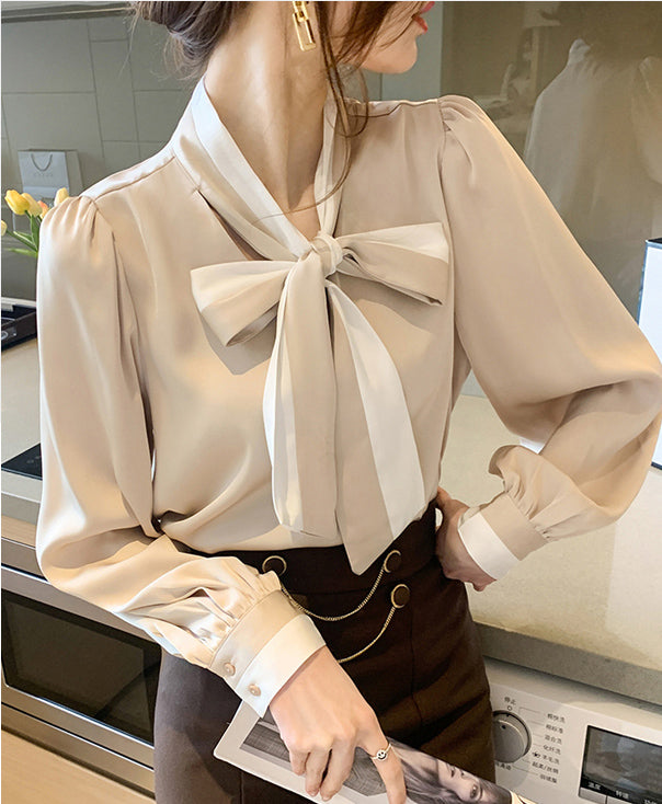 Elegant  Bow Tie Button-Down Solid Blouse （3 color options）