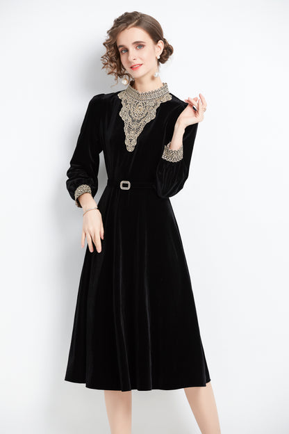 Women Black Velvet Lace Crochet Long Sleeved Dress with belt - LAI MENG FIVE CATS