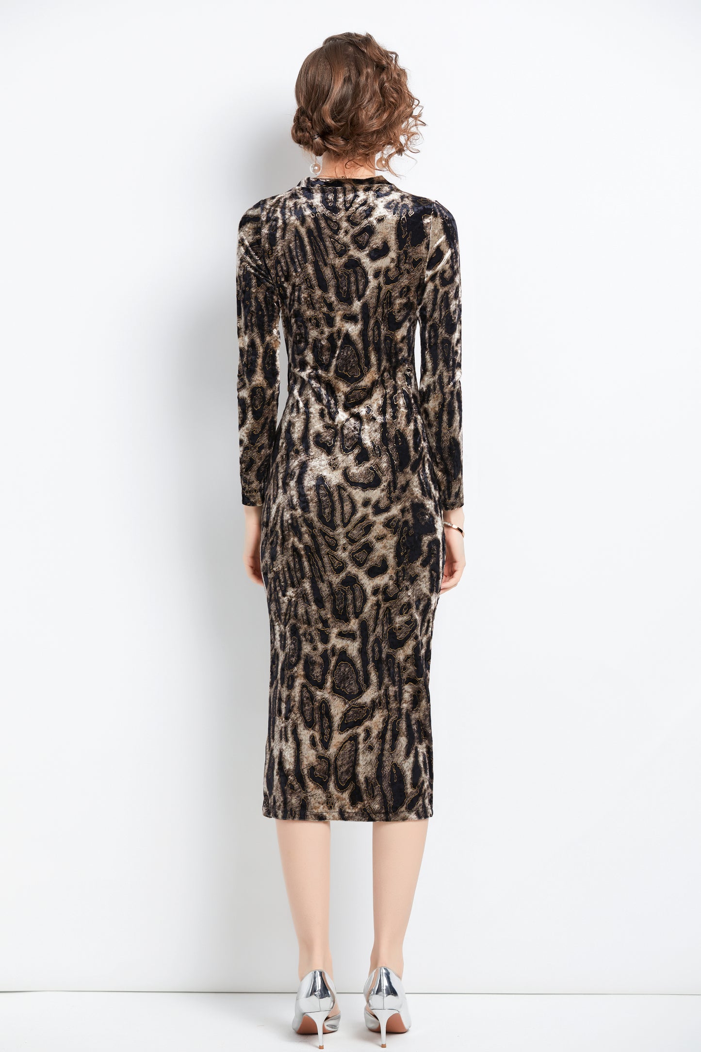 Women Black Velvet Long Sleeved Leopard-print Slit Sheath Dress - LAI MENG FIVE CATS