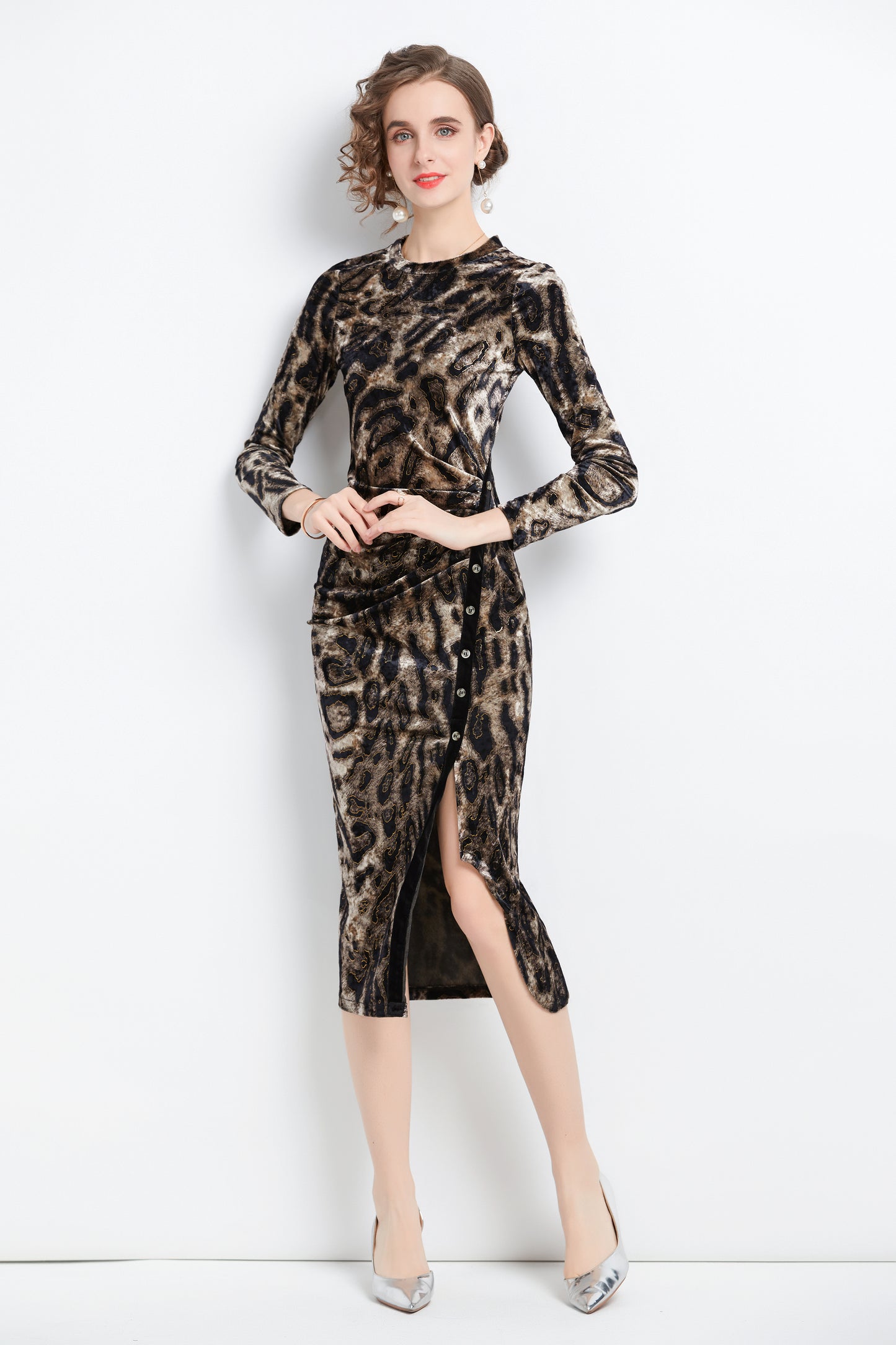 Women Black Velvet Long Sleeved Leopard-print Slit Sheath Dress - LAI MENG FIVE CATS