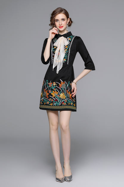 Black Collared Tie Neck 1/2 Sleeves Embroidery Mini Dress