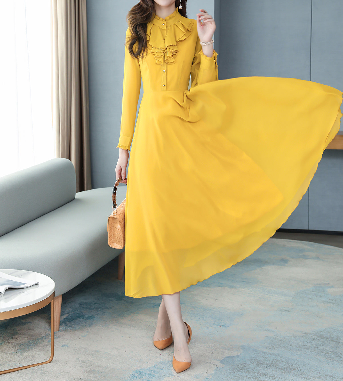 Classic Solid Color Long Sleeve Elegant Maxi Dress