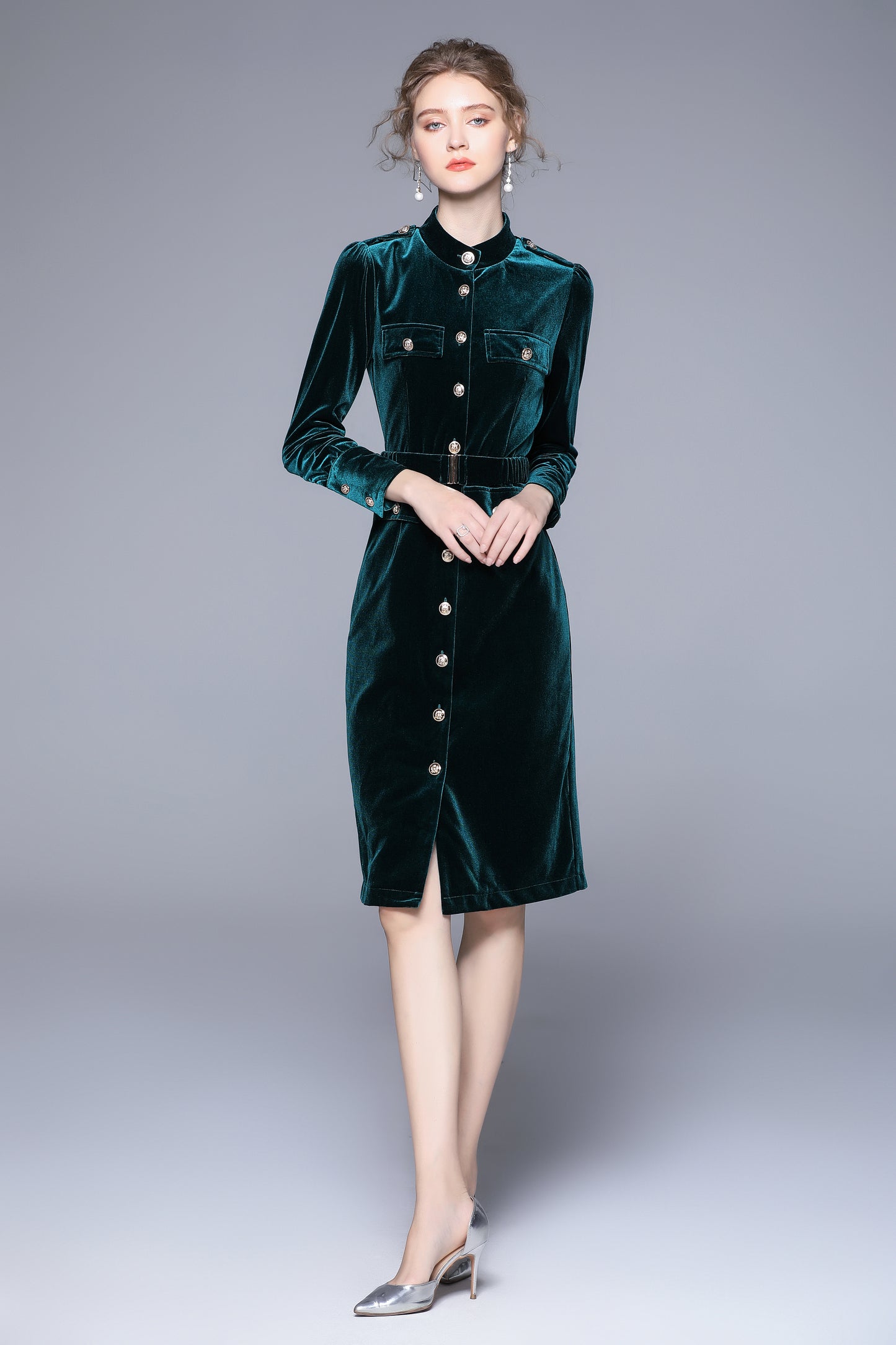Women Green Velvet Long Sleeve A-line Dress Coat