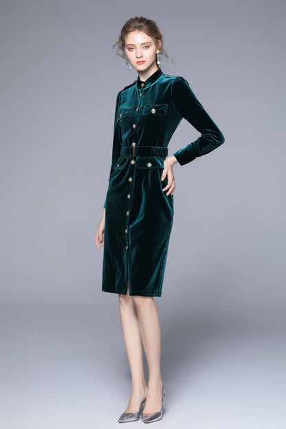 Women Green Velvet Long Sleeve A-line Dress Coat