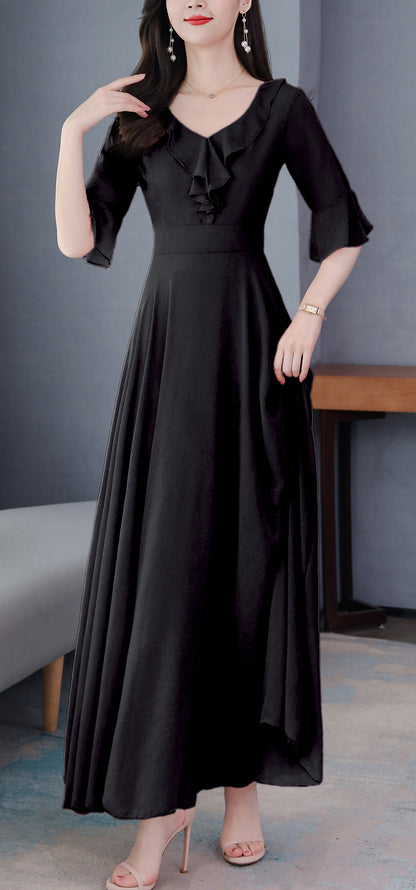 Elegant Solid Color Long sleeve V-neck Maxi Dress - LAI MENG FIVE CATS