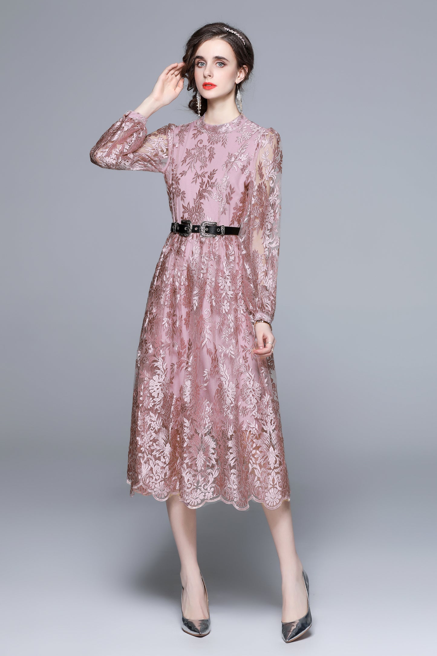 Pink Floral Embroidery Round Neck Maxi Dress with Belt