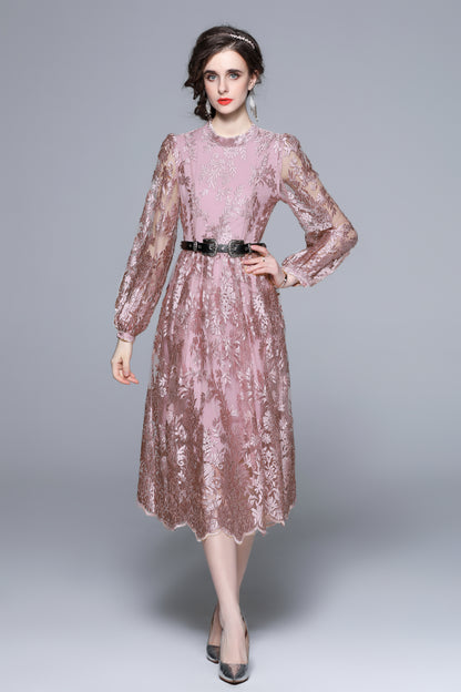 Pink Floral Embroidery Round Neck Maxi Dress with Belt