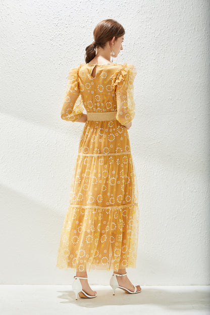 Yellow Floral Print Layered Hem Maxi Dress