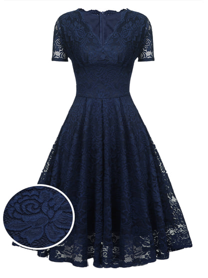 Navy Blue A-line V-neck Short Sleeved Lace Evening Dress