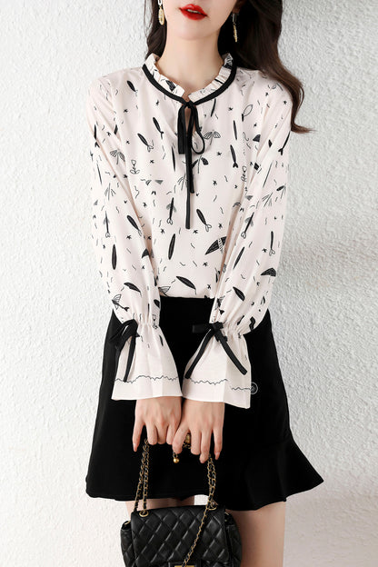 Pattern Bow Tie Long Sleeve Button up Shirt