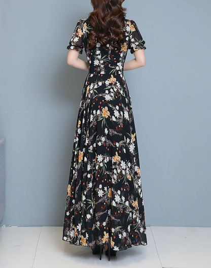 Women Flroal Print Maxi Dress With Tie Bow