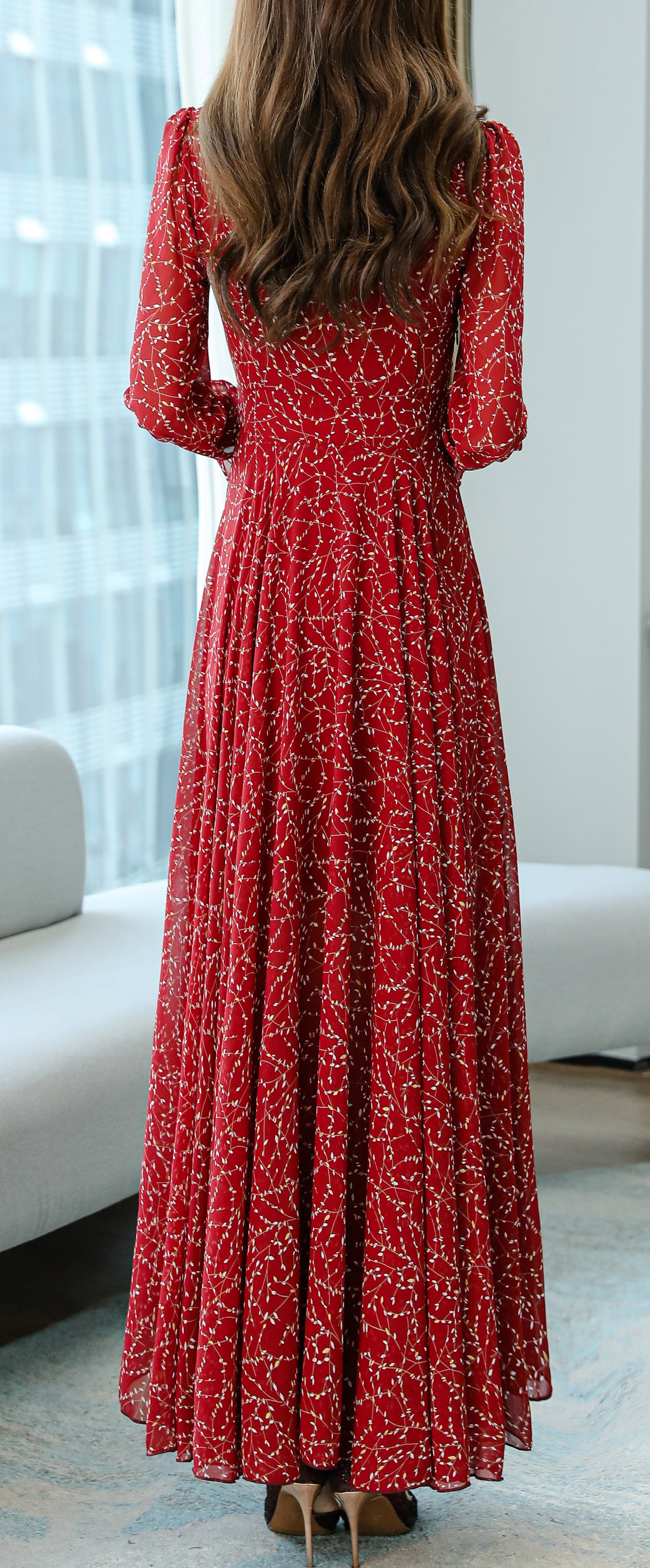 Elegant Floral Pattern Long Sleeve V-neck with Tie Maxi Dress - LAI MENG FIVE CATS