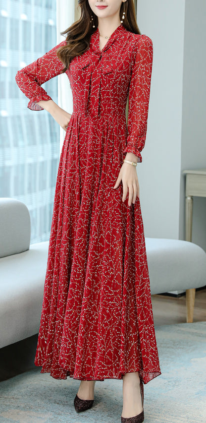 Elegant Floral Pattern Long Sleeve V-neck with Tie Maxi Dress - LAI MENG FIVE CATS