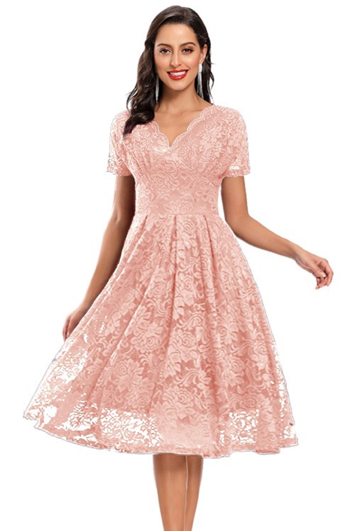 Pink A-line V-neck Short Sleeved Lace Evening Dress