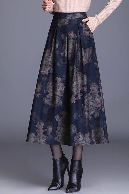 Blue High Waist Print Midi Skirt with Pocket