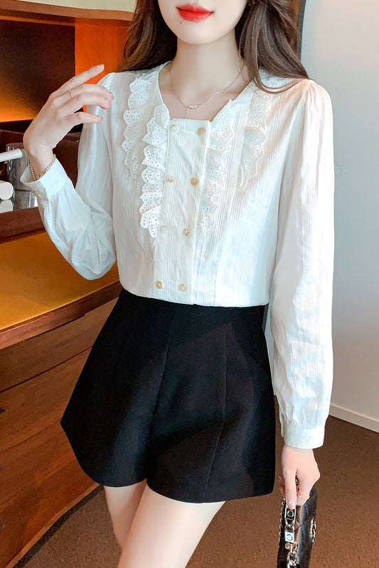 White Solid Lace Long Sleeve Button-Front Frill Trim Blouse