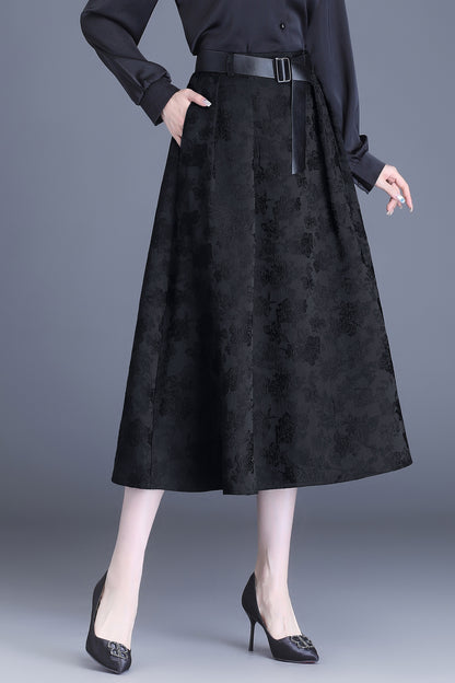 Black High Waist Solid Midi Skirt with Pocket