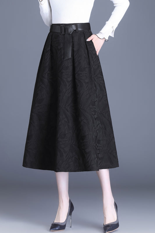 Black High Waist Solid Midi Skirt with Pocket
