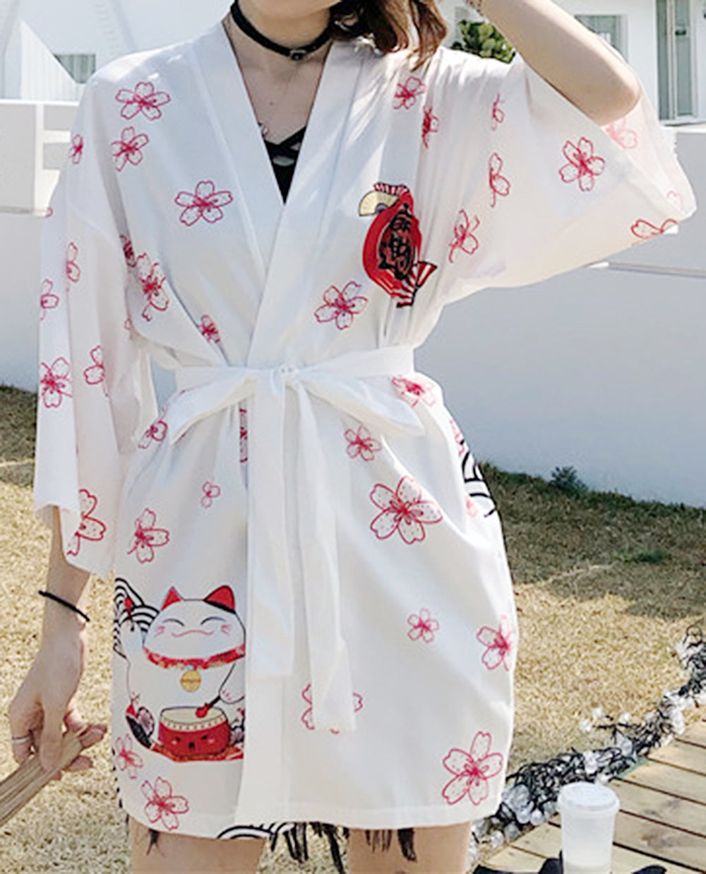 Black & White Lucky Kitty Japanese kimono Cardigan - LAI MENG FIVE CATS