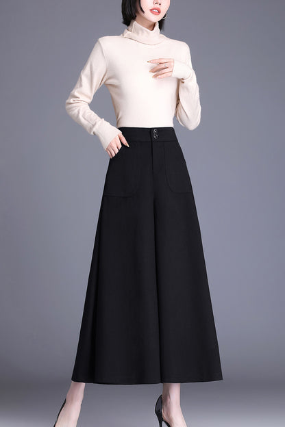 High Waist Solid Wide Leg Trousres with Pocket