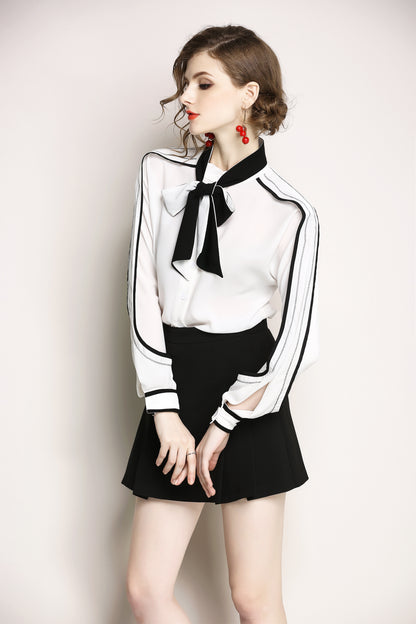 Elegant Long Sleeve Button-Up Blouse With Bow Tie - LAI MENG FIVE CATS