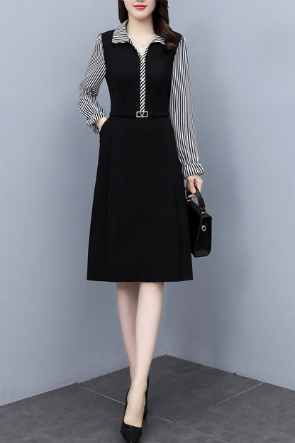 Black Solid Collared Patchwork Long Sleeve Midi Dress with Pocket