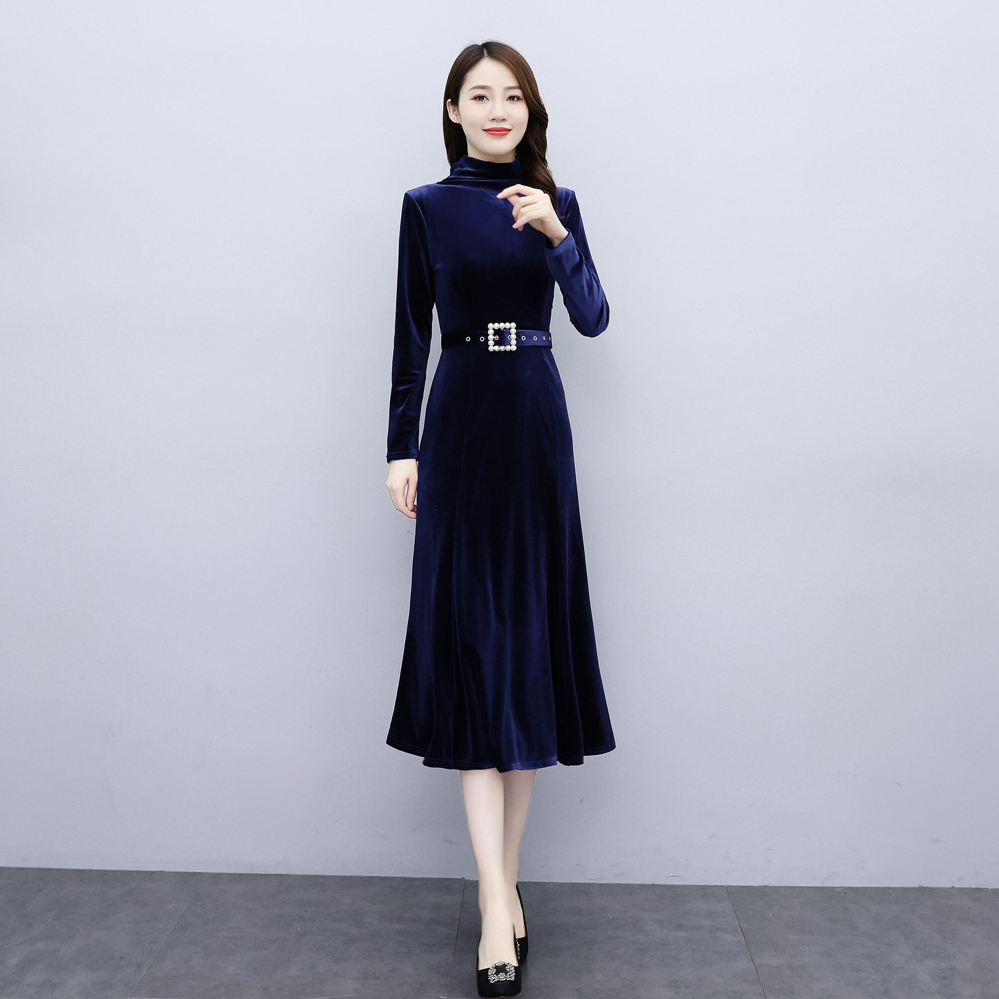 Women Blue Red Velvet Long Sleeve A-line Dress Coat