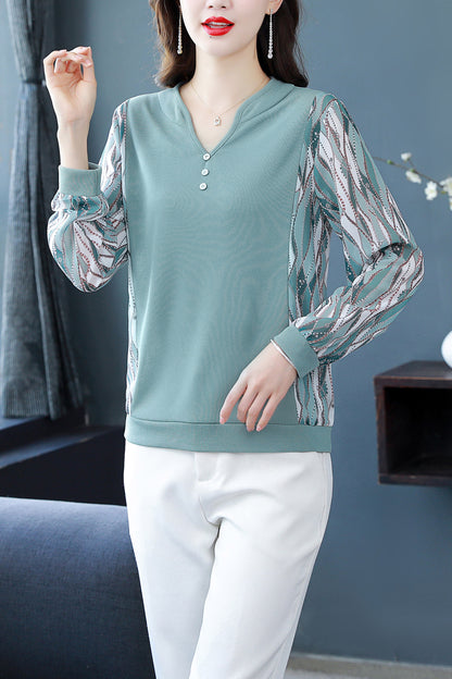 Green V Neck Long Sleeves Patchwork Solid Blouse