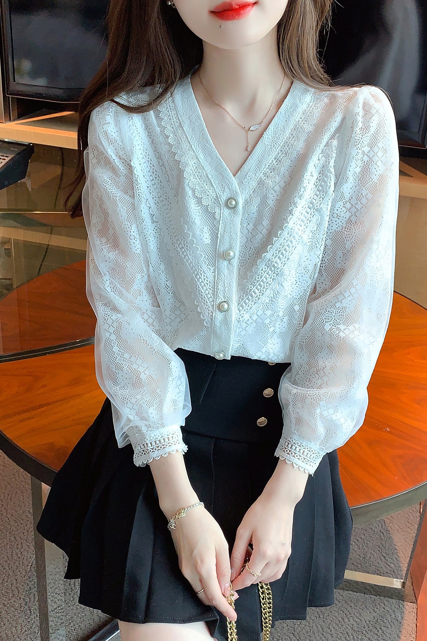 White Solid Lace Long Sleeve Button-Front Blouse