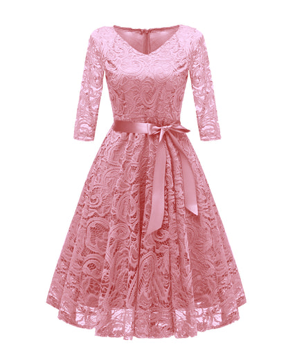 V-neck A-line 3/4 Sleeve Pink Lace Evening Dress With Belt