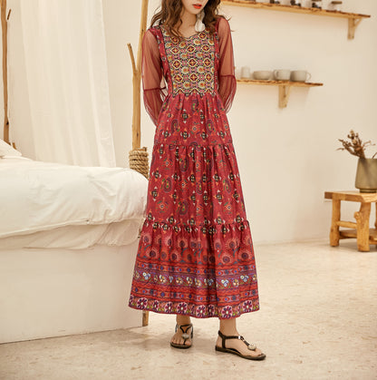 Summer Elasticity Waist Elegant Bohemian Casual Floral Embroidered Maxi Dress