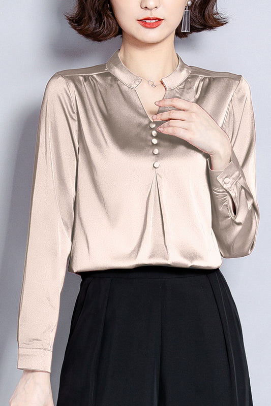 Solid V-neck Long Sleeves Stain Shirt Blouse