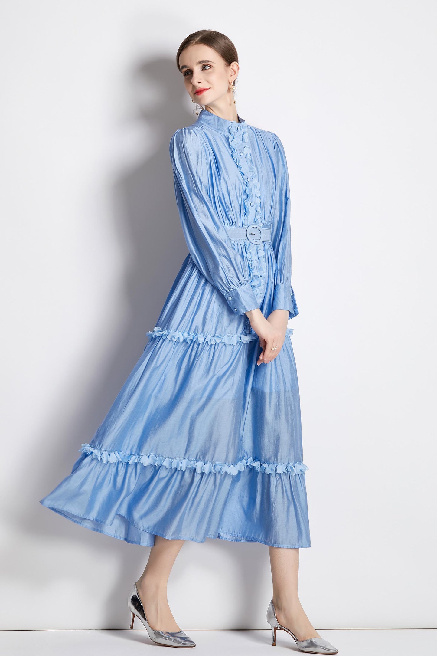 Solid Maxi Button Up Long sleeves Fril Long Dress