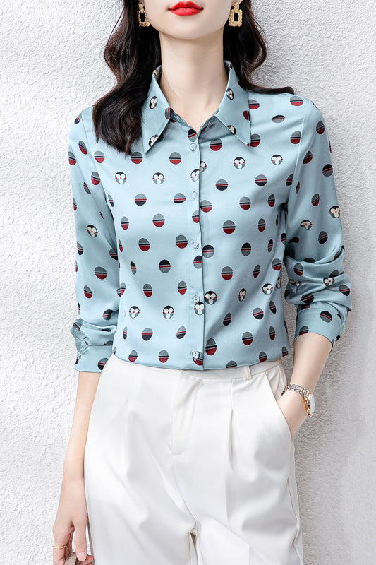 Blue Collared Neckline Spots Long Sleeves Blouse Top Shirt