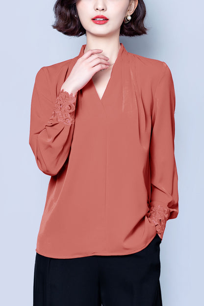 Pink Solid Embroidery V-neck Long Sleeves Stain Shirt Blouse