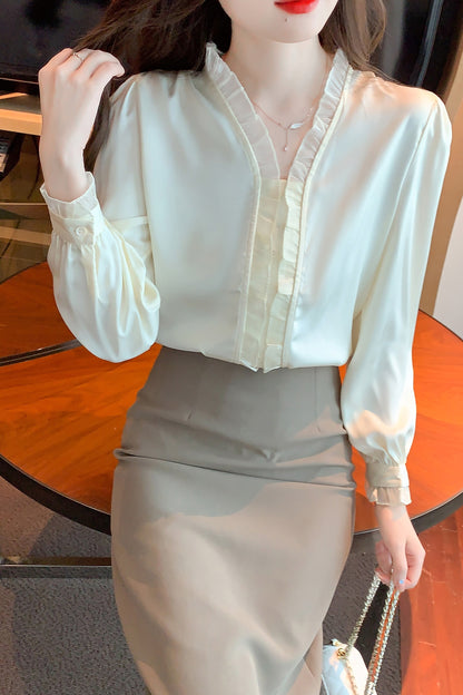 White Solid Long Sleeve Button-Front Frill Blouse