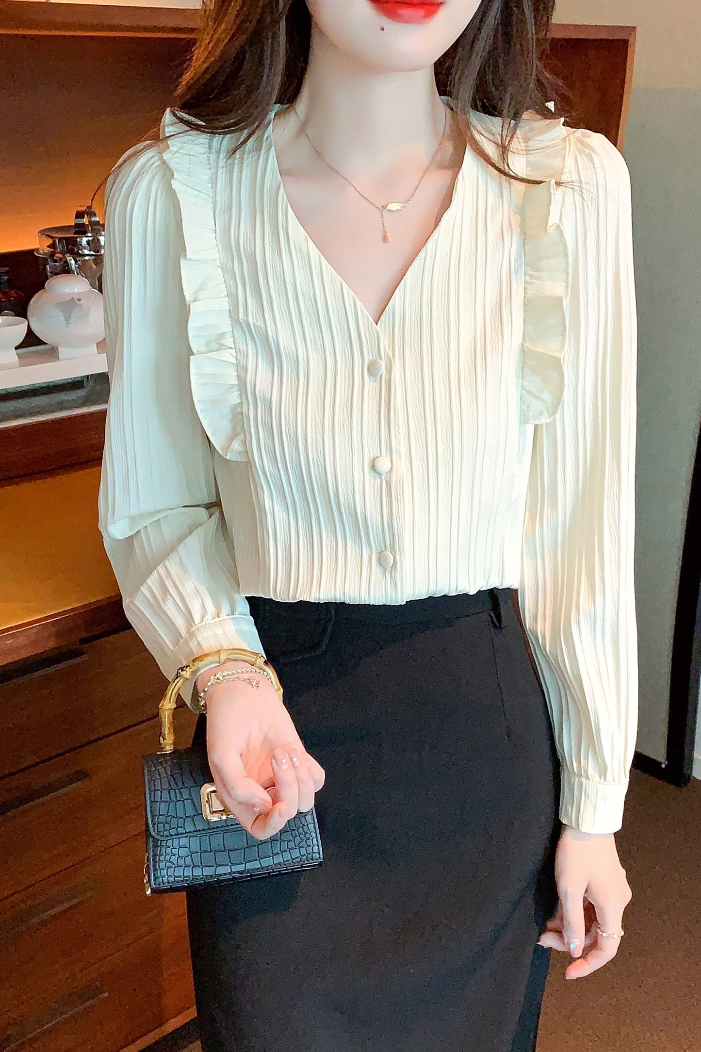 White Long Sleeves V Neck Frill Button up Blouse