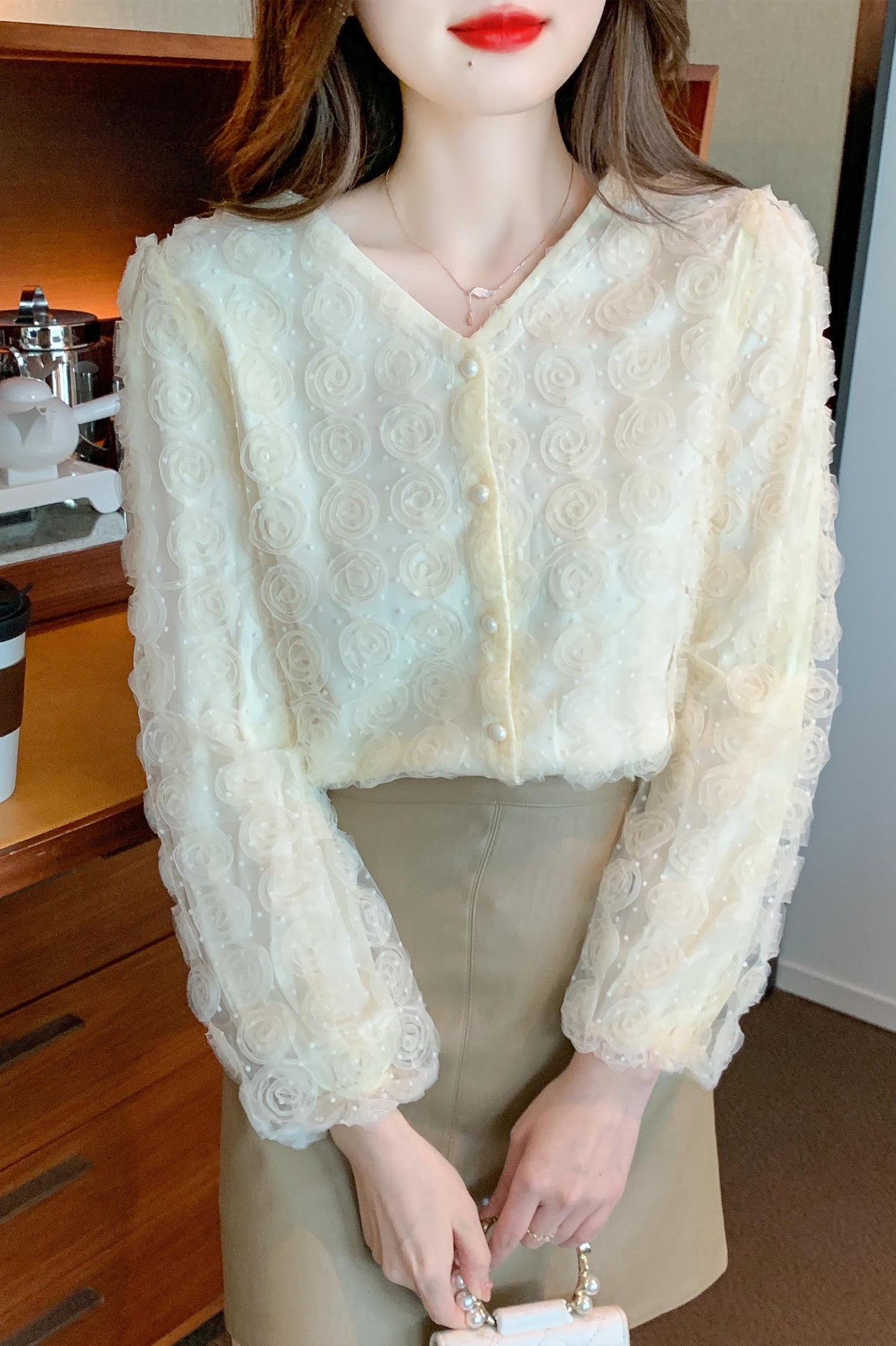 White Solid Long Sleeve Button-Front Blouse