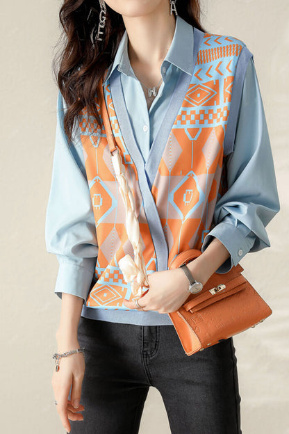 Collar Neck Long Sleeves Patchwork Solid Blouse