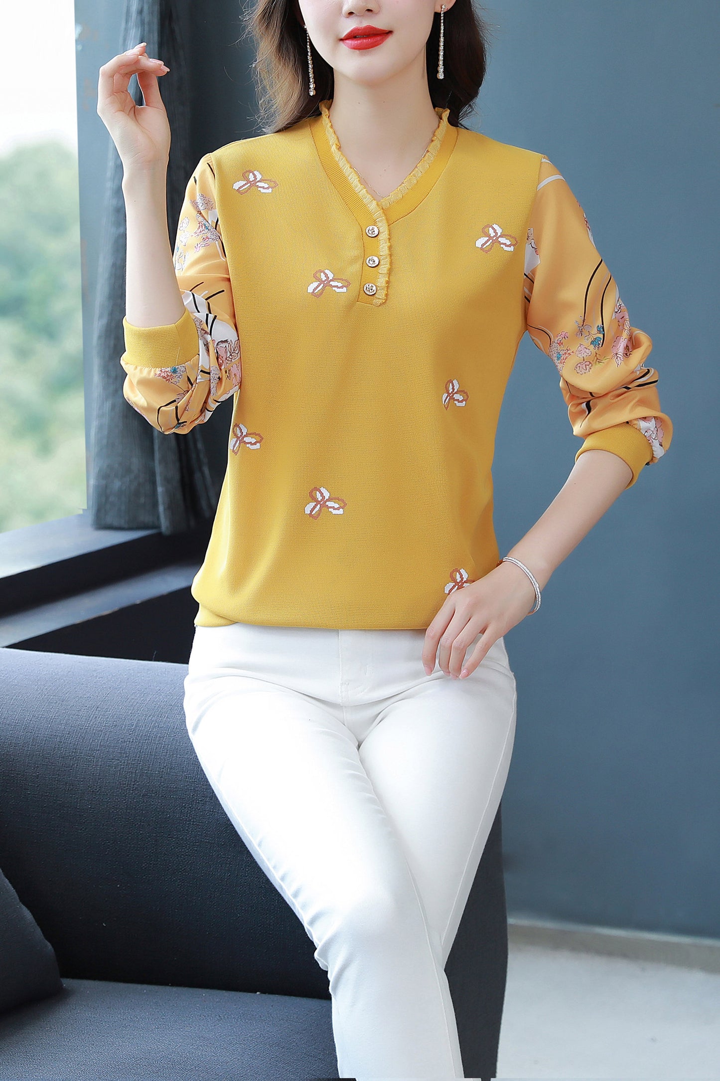 Yellow V Neck Long Sleeves Solid Blouse
