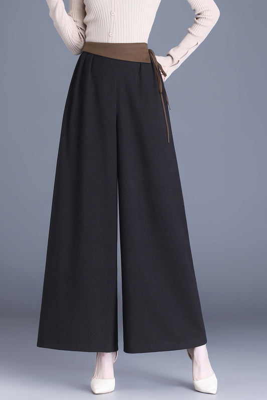 Black High Waist Solid Wide Leg Trousres with Pocket